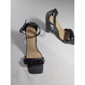 Black Chain Detail Square Toe Ankle Strap Block Heel Sandals Women's Size 8‎
